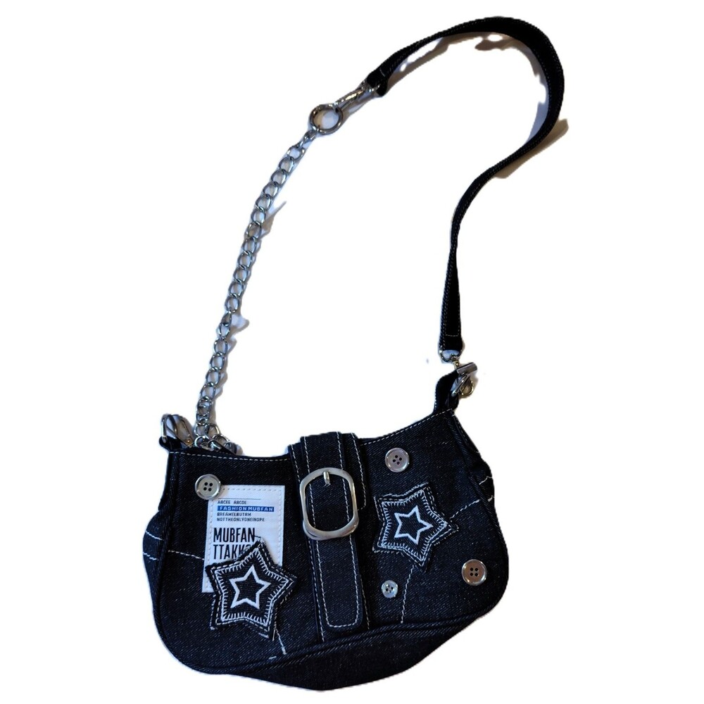 Y2K-Style Grunge Retro Denim Star Shoulder Hobo Bag Buckle Strap Silver Chain